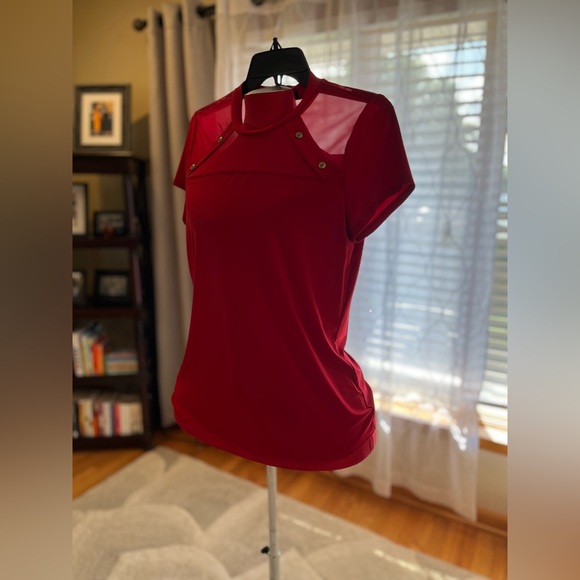 Sheer bodice, red slinky blouse from Adele & May, large. - Picture 9 of 14